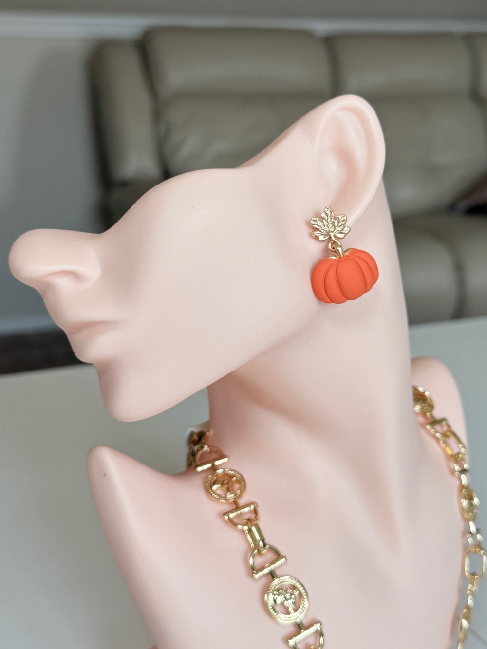 Gold Leaf Orange Pumpkin Drop Earrings